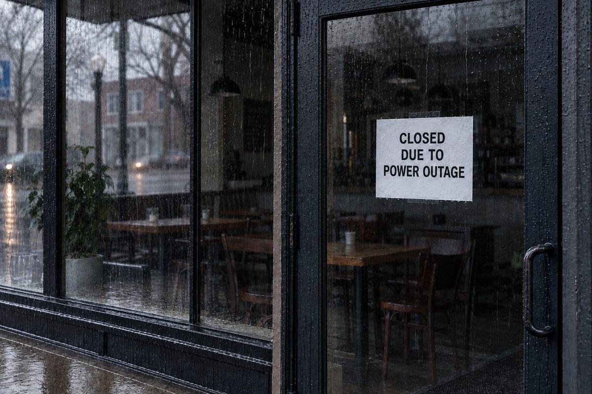 Rain outside a darkened cafe with a sign reading Closed due to power outage