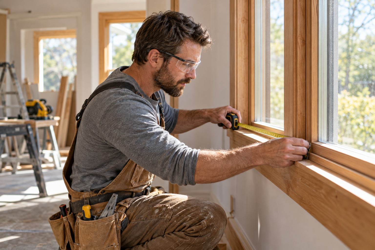 A carpenter measuring a window frame during a residential renovation