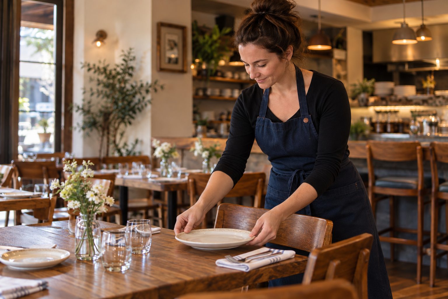A restaurant owner placing a plate on a table before opening