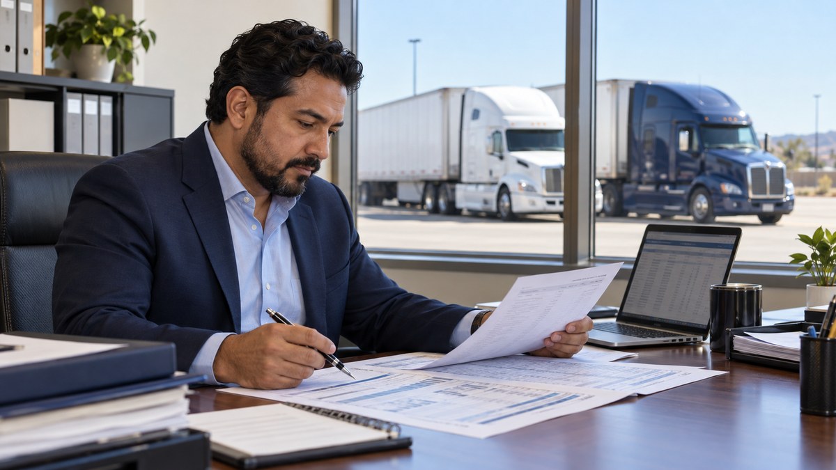 Insurance professional examining fleet records with semi trucks visible outside the office