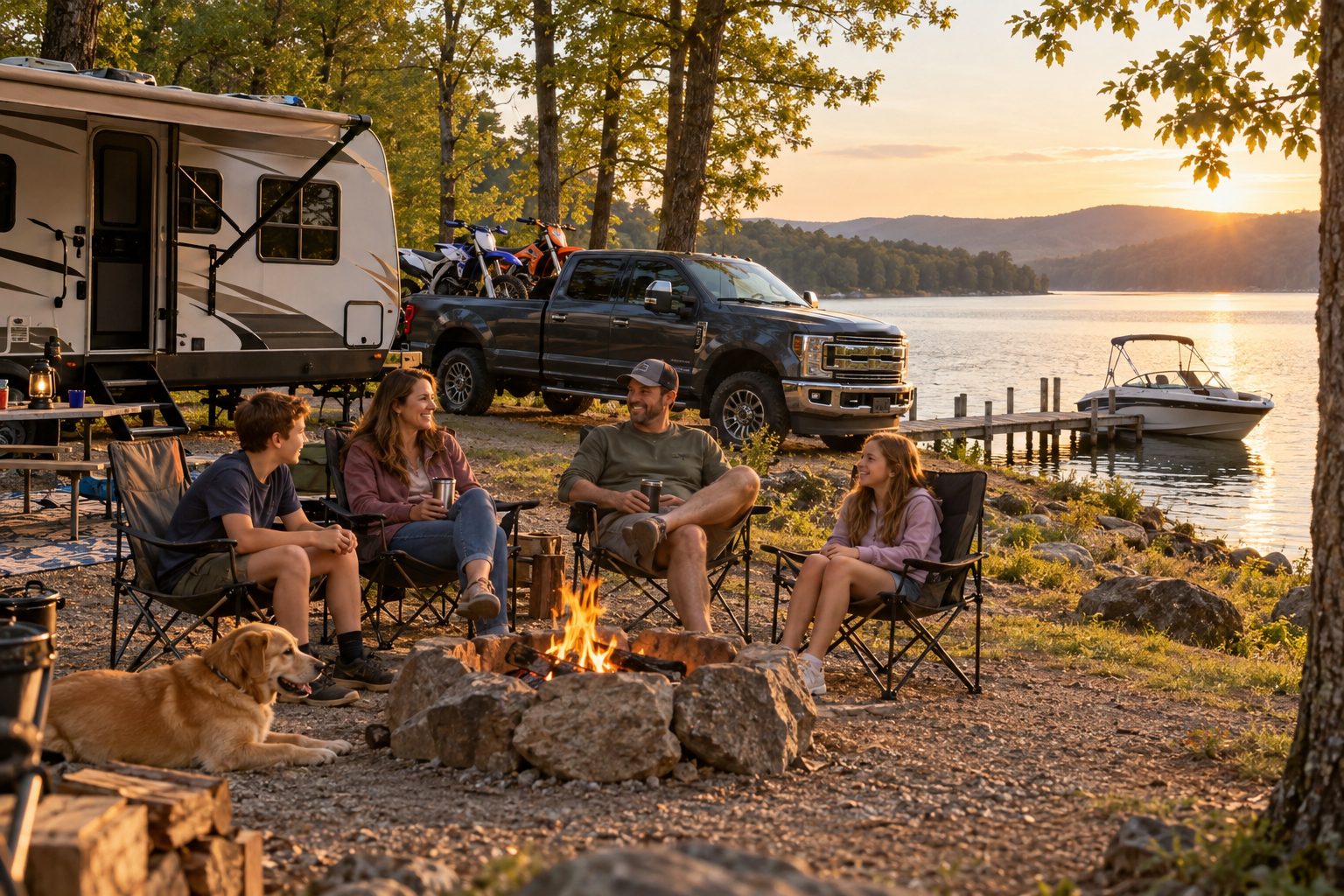 A family sitting around a campfire at a lakeside campsite with a travel trailer, a pickup truck carrying dirt bikes, and a boat at the dock